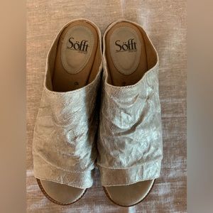 Sofft mule sandal, burnished gold/pewter leather, size 10